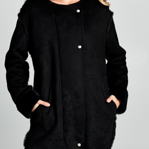 Faux Suede Coat with Faux Fur lining -Black - Picture 4 of 4